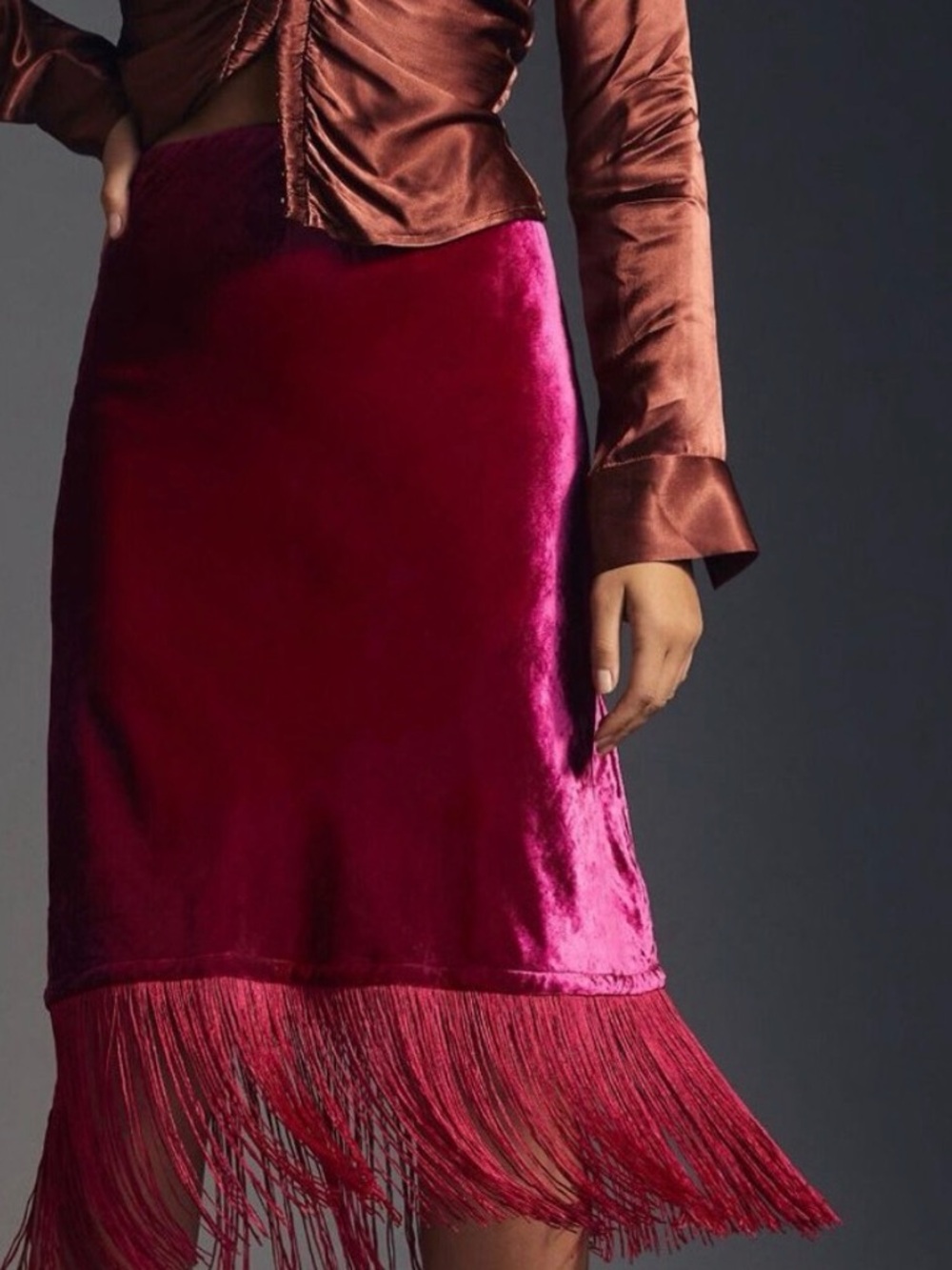 Anthropologie Velvet Fringe Pink Midi Skirt